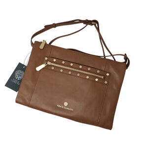 Vince Camuto Mora Brown Leather Crossbody Bag Purse Zip Stud Gold